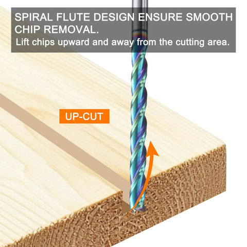 Up Cut Spiral Router Bit Set, 3 Flutes, 1/8 Inch Cutting Diameter in wood showing smooth chip removal