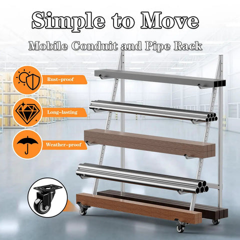 Badass Horizontal Storage Rack Built Tough From Weather Resistant Alloy Steel Rolling Smooth On Three Inch Casters With Two Fixed And Two Swiveling Wheels For Quick Garage Hauls, showcasing mobile conduit and pipe storage.