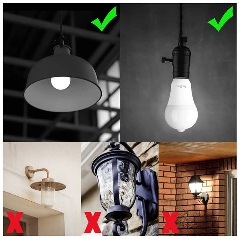 Motion Sensor LED Light Bulb For Indoor Use With Dusk To Dawn Auto On, E26 Base, 6000K Daylight, 13.5W Equals 100W, PIR Infrared Motion Activation, No Fuss Security Night Light, 4 Pack shown in indoor and outdoor fixtures