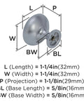 Diagram of Polished Chrome Edona Cabinet Knob Set for Cabinets and Drawers, Classic 1-1/4 Inch Diameter with dimensions labeled.