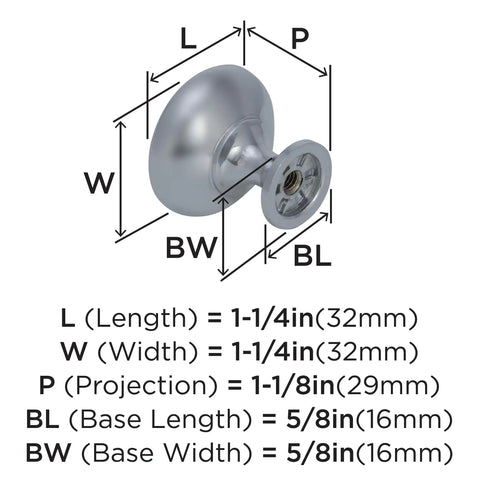Diagram of Polished Chrome Edona Cabinet Knob Set for Cabinets and Drawers, Classic 1-1/4 Inch Diameter with dimensions labeled.