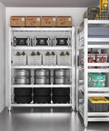 Heavy Duty Stainless Steel Shelving Unit Rock Solid Workhorse For Kitchen Garage Commercial Storage Adjustable Four Tier Metal Rack with various storage bins and tires.