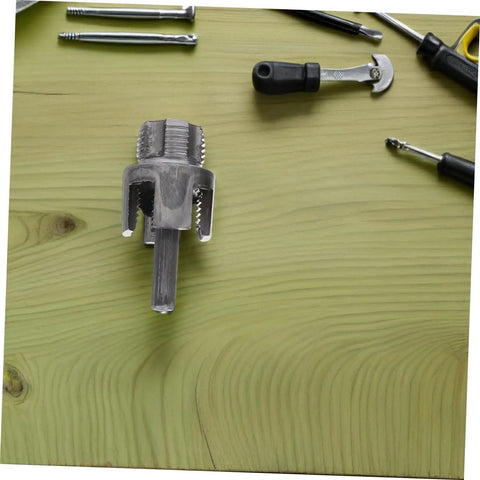 Ifundom 3-Piece Electric Drill Pipe Threader Tool Set, steel threading die on wood surface, for plumbing and DIY use.