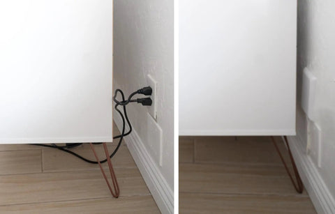 Ultra Thin Outlet Concealer Kit with Flat Extension Cord Power Strip installed, hiding cords and outlets in a living room corner.