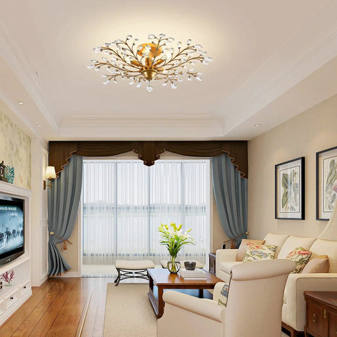 Crystal Chandeliers With Vintage K9 Clear Crystals, Edison Pendant Light, Flush Mount Fixture With 5 Lights, Gold Finish in living room