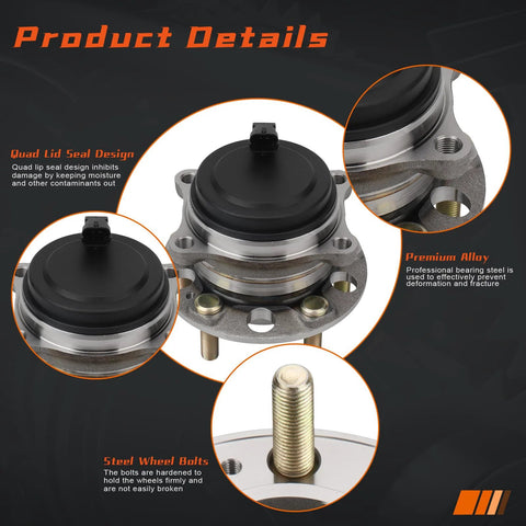Close-up of Rear Wheel Bearing And Hub Assembly For Kia Sorento 2016 2017 2018 2019 2020 FWD 5 Lug Fits Rear Left And Right With ABS On Hub 5 Bolt Replaces WA512646, highlighting seal design and bolts.