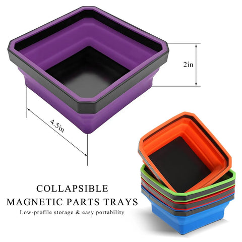 Collapsible Magnetic Parts Tray For DIYers Must Have 4.5 Inch Square Silicone Tool Tray With Dual Sided Magnetic Base Purple