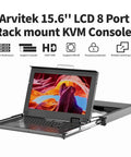 15.6 Inch HDMI KVM Console With Eight Port Switch And Hotkey Control, 1U Rackmount Server Monitor showing 1920x1080 display and sliding mechanism