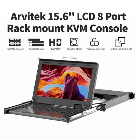 15.6 Inch HDMI KVM Console With Eight Port Switch And Hotkey Control, 1U Rackmount Server Monitor showing 1920x1080 display and sliding mechanism