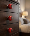 Slick Red Ceramic Cabinet Knobs With Top Notch Retro Flair For Kitchen Cupboards And Dressers One Point Five Inch Round on dresser.