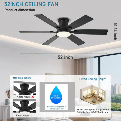 Low Profile 52 Inch Ceiling Fan With Light And Remote App Control, dimmable LED, modern black flush mount, indoor view