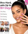 Woman showing Hema-Free Poly Gel Nail Kit: No Base Needed, 6 Shimmer Colors For Long-Lasting Nail Extensions with pink nails