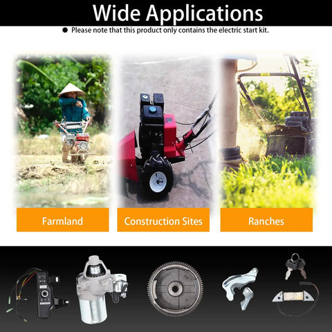 Collage showing applications of Predator 212 Electric Starter Kit in farmland, construction sites, ranches with parts displayed