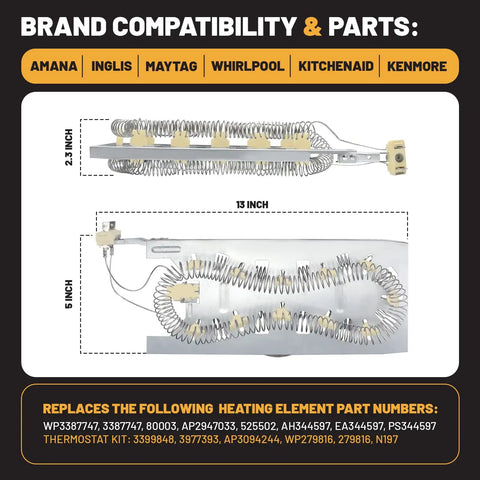 Dryer Repair Kit With 3387747 Heating Element, 279816 Thermostat Kit, And 279973 3392519 Thermal Fuse compatibility chart