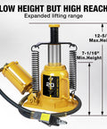 Yellow 20-ton air bottle jack, front view with aluminum pump and side springs.