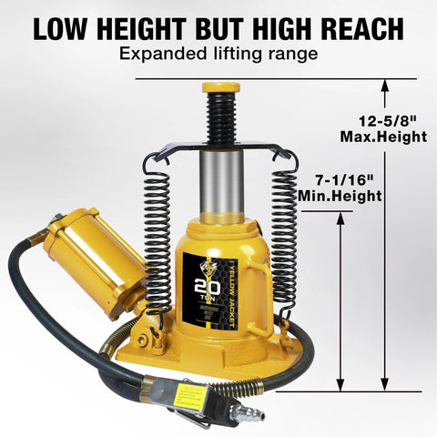 Yellow 20-ton air bottle jack, front view with aluminum pump and side springs.