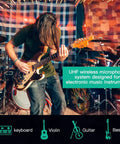 Musician playing guitar with UHF Wireless Guitar System With 15 Channels, Rechargeable Transmitter And Receiver For Instruments