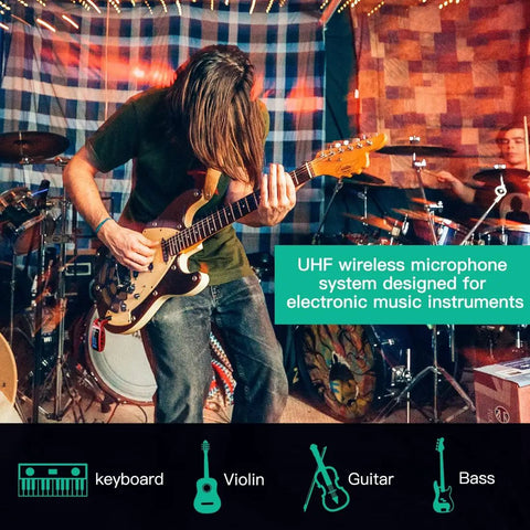 Musician playing guitar with UHF Wireless Guitar System With 15 Channels, Rechargeable Transmitter And Receiver For Instruments