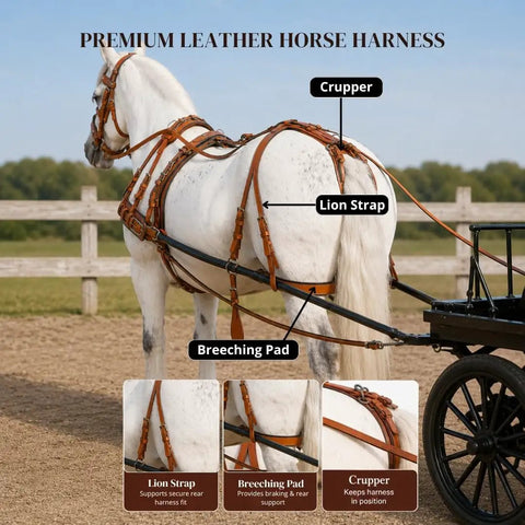 Three Tone Leather Horse Driving Harness For Single Horse Cart With Designer Conchos All Over Stainless Steel Hardware Shetland Size Natural Brown Red Finish Premium Craftsmanship Durable Build Boss Ready Style featuring horse in harness outdoors with conchos and stainless hardware.