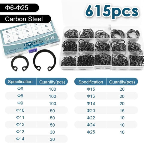 Internal Circlip Retaining Ring Kit 900Pcs To 1845Pcs Carbon Steel 6-25mm C Washer Locking Clip Set with 615pcs visible