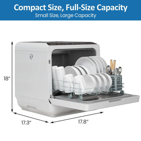 Compact Countertop Dishwasher Packing 152 Oz Water Tank And Six Wash Cycles That Fit 12 Inch Plates, showcasing dishes and utensils inside.