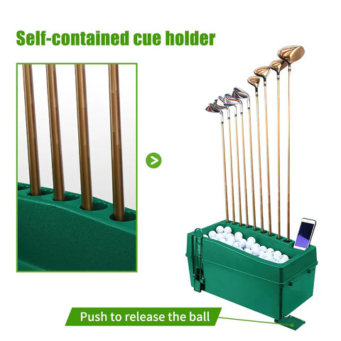 Automatic Golf Tee Machine With Ball Dispenser For Indoor Simulators And Outdoor Ranges showing golf clubs and balls in device