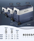 Three blue and gray portable car refrigerators with wheels, sizes 36QT, 53QT, 64QT, labeled with dimensions and bottle capacities.