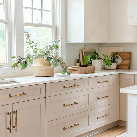 Antique Brass Cabinet Pulls Set Of 6, 7.32 Inch Long With 5.04 Inch Center-To-Center installed on white kitchen drawers.