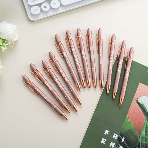 Set Of 12 Rose Gold Motivational Quote Pens With Screen Touch Stylus Snarky Office Scripture Ballpoint Pens In Black Ink