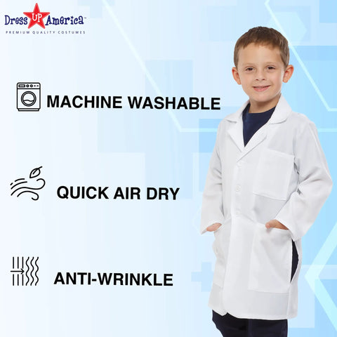 Child wearing Kids Doctor Lab Coat Costume For Unisex Dress Up Play With Realistic Three Quarter Length Coat Long Sleeves