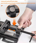 Heavy Duty Drill Press Vise 5 Inch with Quick Release for Workbench, Industrial Cast Steel Bench Clamp, One-Click Positioning, Locking Safety Feature, High-Precision Machining Clamp, showing quick-position button
