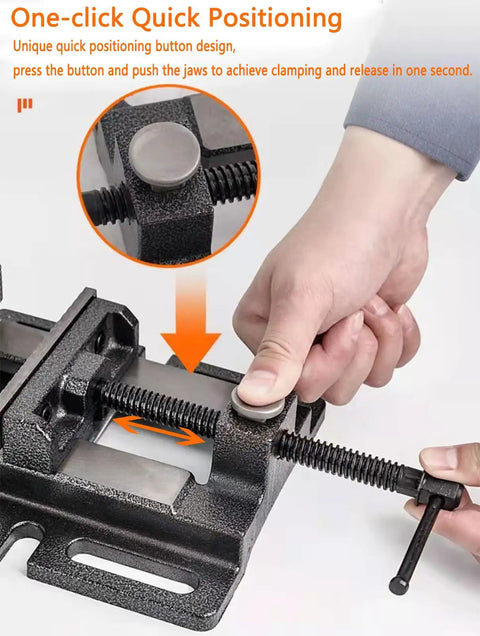 Heavy Duty Drill Press Vise 5 Inch with Quick Release for Workbench, Industrial Cast Steel Bench Clamp, One-Click Positioning, Locking Safety Feature, High-Precision Machining Clamp, showing quick-position button
