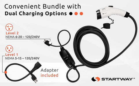 Go-To Portable EV Charger Level 1 And 2 16A 120V-240V J1772 Home Charger With 25ft Cable NEMA 6-20 And 5-15 Adapters Works With All EVs Including Tesla With Adapter