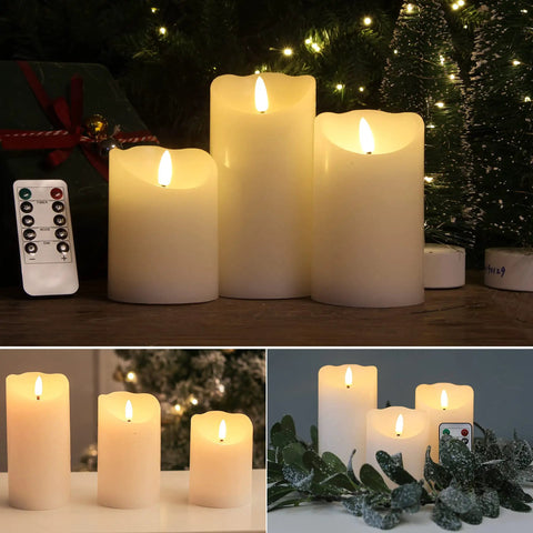 Flameless Candles With Remote Set Of 3 Battery Operated Wax LED Flickering Pillar Candles White With Timer For Home Decor And Christmas Party Vibe For Any Occasion, displayed on a wooden surface.