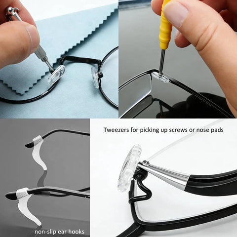 22 Pairs Screw In Eyeglass Nose Pads Replacement Kit With Air Chamber And Conventional Styles Includes Eyeglass Screwdriver Tweezers Glasses Cloth Small Screws Multi Size Fit For Most Glasses And Easy Comfort Upgrade shown in use on eyeglass frames