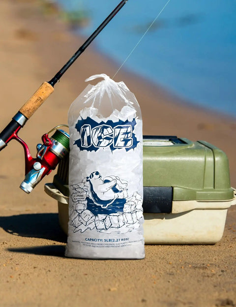 5 Lb Ice Storage Bags With Drawstring, by a fishing rod and cooler, beach setting