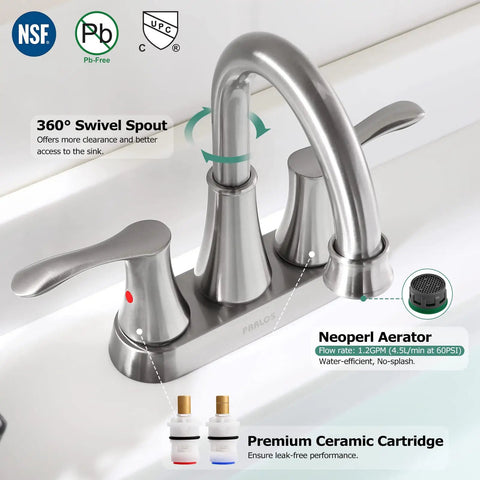 Swivel Spout Two Handle Brushed Nickel Bathroom Sink Faucet With Metal Pop Up Drain And Supply Lines, 360 Degree High Arc, Three Hole