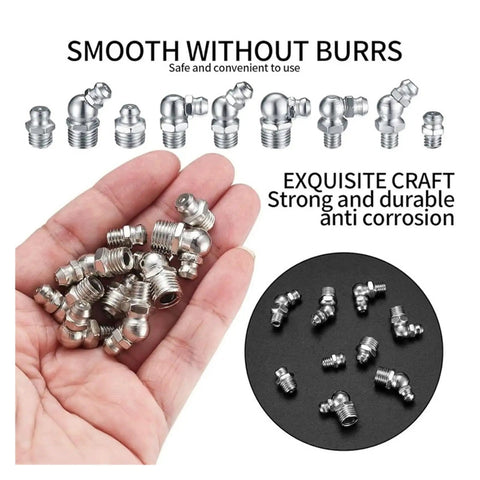 Gearhead Approved Grease Nipple Kit, 60 Piece Assortment, stainless and brass zerk nipples in hand, smooth without burrs