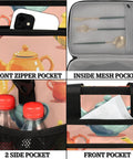 Detail of Insulated Picnic Backpack Lunch Bag For Women And Men, showcasing multiple pockets including front zipper and mesh pockets.