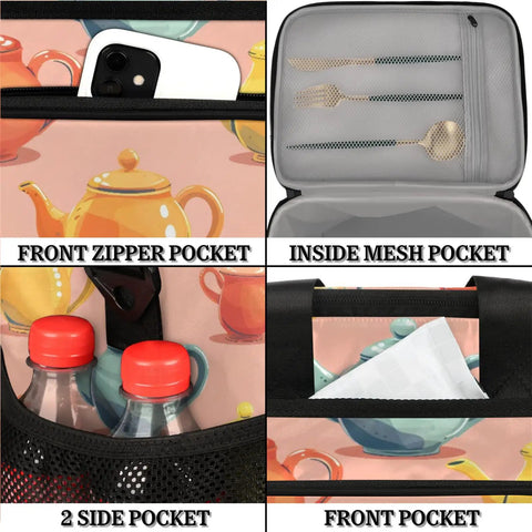 Detail of Insulated Picnic Backpack Lunch Bag For Women And Men, showcasing multiple pockets including front zipper and mesh pockets.