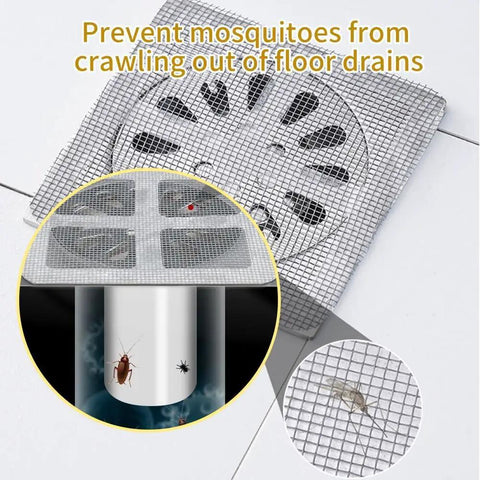 Ditch Stubborn Hair Clogs With These Toss And Go Shower Drain Covers Zero Plumbing Drama Just Stick The Square Mesh Hair Catcher on any bath drain, showing a mesh and drain setup.
