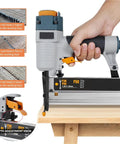 Heavy Duty 16 Ga And 18 Ga Pneumatic Brad Nailer Featuring Slick Depth Adjustment Knobs being held for carpentry projects.