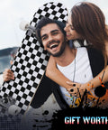 Couple smiling holding Beginner Friendly 31x8 Skateboard Deck With Double Kick And 7 Layer Canadian Maple, checkerboard design.