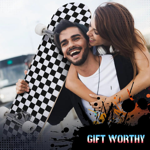 Couple smiling holding Beginner Friendly 31x8 Skateboard Deck With Double Kick And 7 Layer Canadian Maple, checkerboard design.