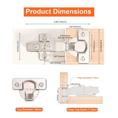 2 Pack Pro-Grade Full Overlay Frameless Soft-Close Cabinet Hinges For Concealed Kitchen Doors European-Style With Screws Clip-On Nickel Plated Finish Easy-Install, 35mm cup, 11.5mm depth dimensions