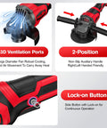 Killer Cordless Angle Grinder Powered By A Beefy Brushless Motor Cranking 12000 Rpm showing 3D ventilation ports, non-slip handle, and lock-on button.