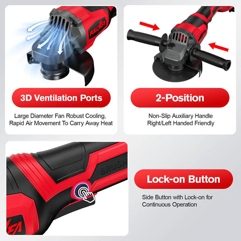 Killer Cordless Angle Grinder Powered By A Beefy Brushless Motor Cranking 12000 Rpm showing 3D ventilation ports, non-slip handle, and lock-on button.