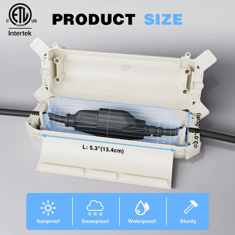 Open safety cover with cable inside showing dimensions for Three Pack Outdoor Extension Cord Safety Covers With Waterproof Seal