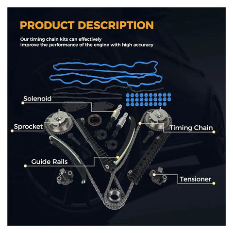 Heavy Duty Timing Chain Kit For Ford Expedition 2005-2014 And F150 Trucks Made From Alloy Guides And Sprockets To Stop Wear And Keep Engine Running Tight Without Stretching Out Or Busting When Driving On The Road. timing chain kit parts with sprockets, guide rails, tensioner and solenoid