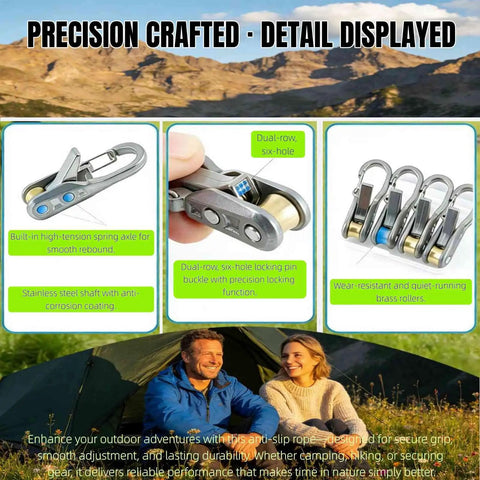 Ultra Lightweight Rope Tightening Tool With Roller Cam Four Pack for camping, boating; shown in close-up and group view.